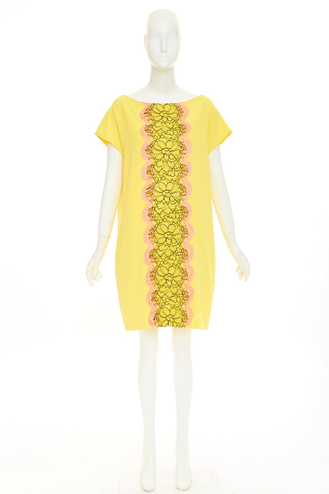 MOSCHINO  yellow pink triacetate floral lace applique shift dress IT42 M