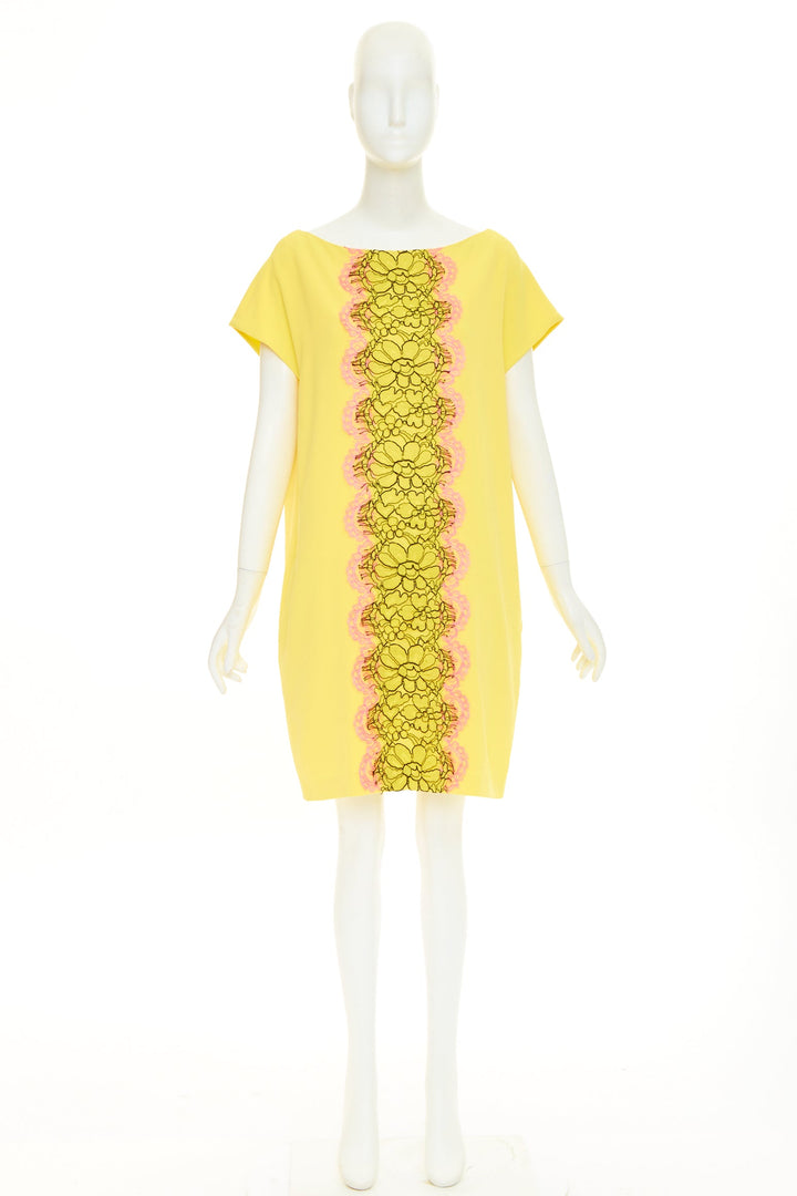 MOSCHINO  yellow pink triacetate floral lace applique shift dress IT42 M