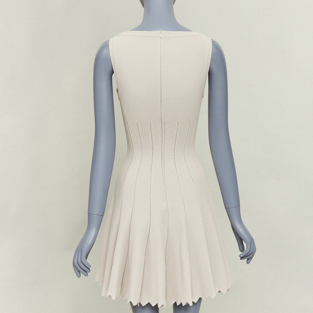 ALAIA beige viscose chevron cellular jacquard lattice scalloped dress FR38 M