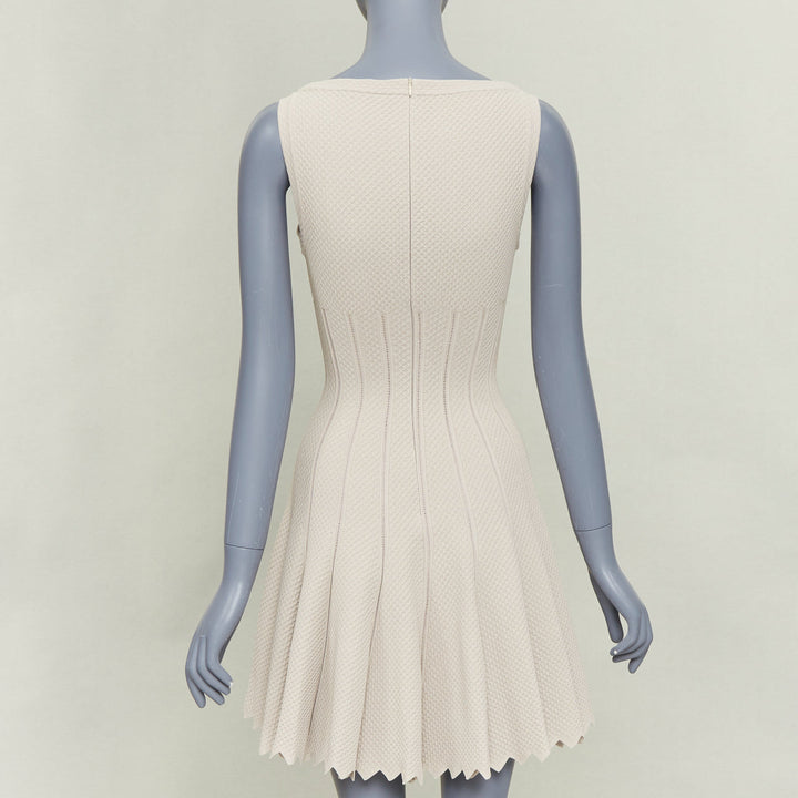 ALAIA beige viscose chevron cellular jacquard lattice scalloped dress FR38 M