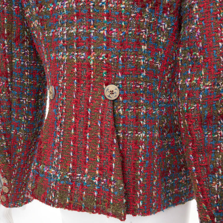 CHRISTIAN LACROIX BAZAR 1996 red plaid tweed crest button blazer jacket FR44 XL