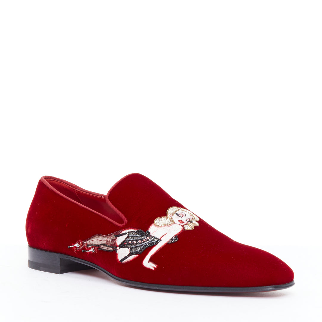 Male mannequin wearing Christian Louboutin Red Velvet Men Loafer in Size EU41 | Available at JHROP