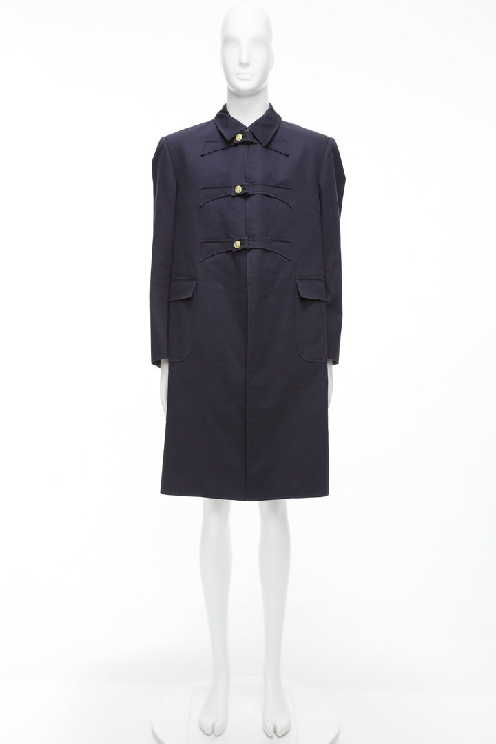 THOM BROWNE 2008 navy gold anchor button loop through boxy longline coat Sz.3 L