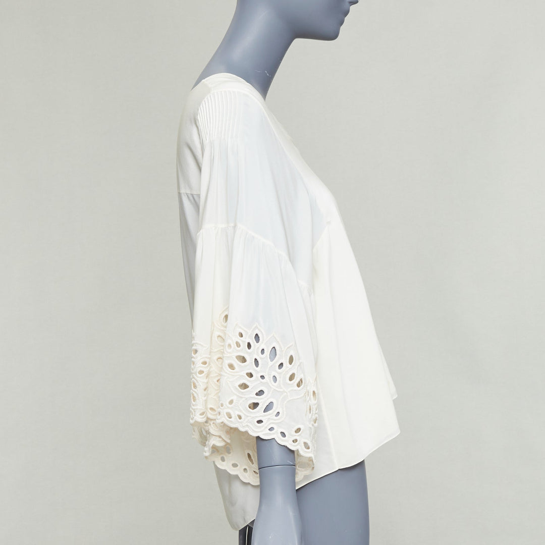 CHLOE milk cream 100% silk cotton lace eyelet trim peasant blouse FR34 XS