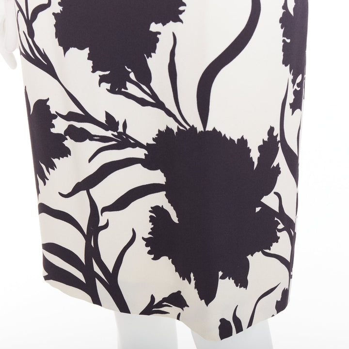 CHRISTIAN DIOR cream black 100% silk bold floral print ruched neck dress FR36 S