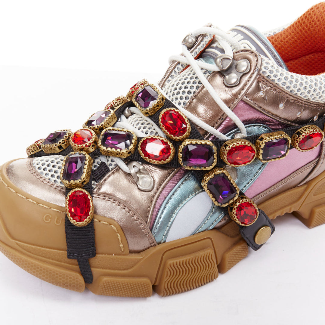 GUCCI Flashtrek pink blue metallic leather crystal harness dad sneakers EU37
