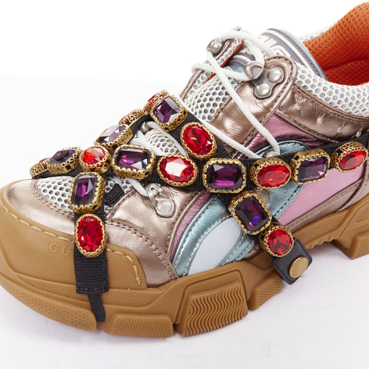 GUCCI Flashtrek pink blue metallic leather crystal harness dad sneakers EU37
