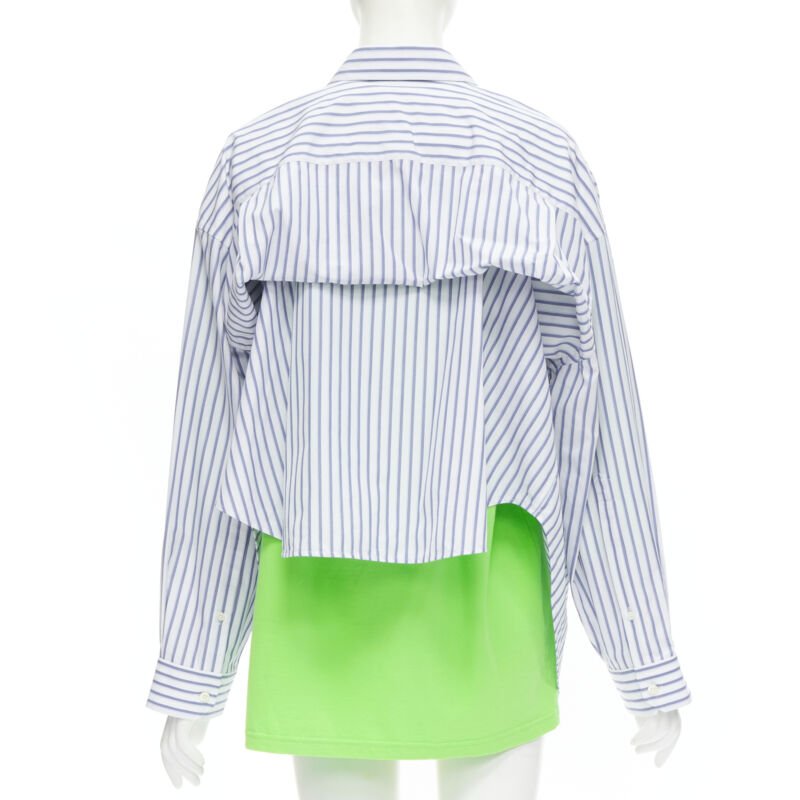 BALENCIAGA 2017 green tshirt blue striped shirt 2 way draped top FR34 XS