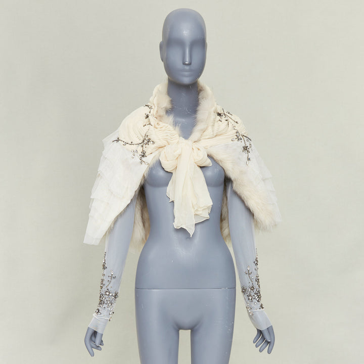 MAURIZIO PECORARO beige fur lined embellished chiffon mesh ruffle shawl IT40 S