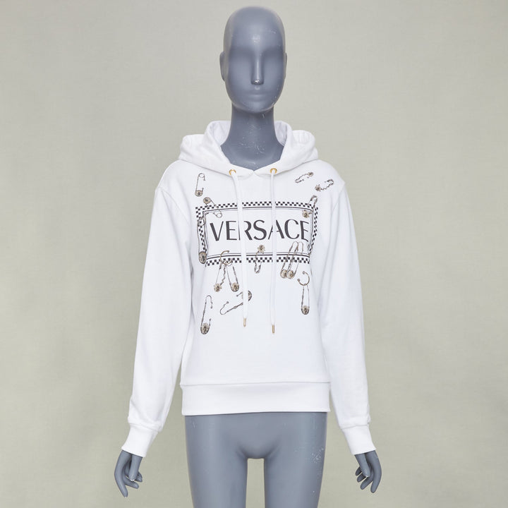 VERSACE 2020 white safety pin 90s vintage logo cotton graphic sweatshirt IT38 XS
