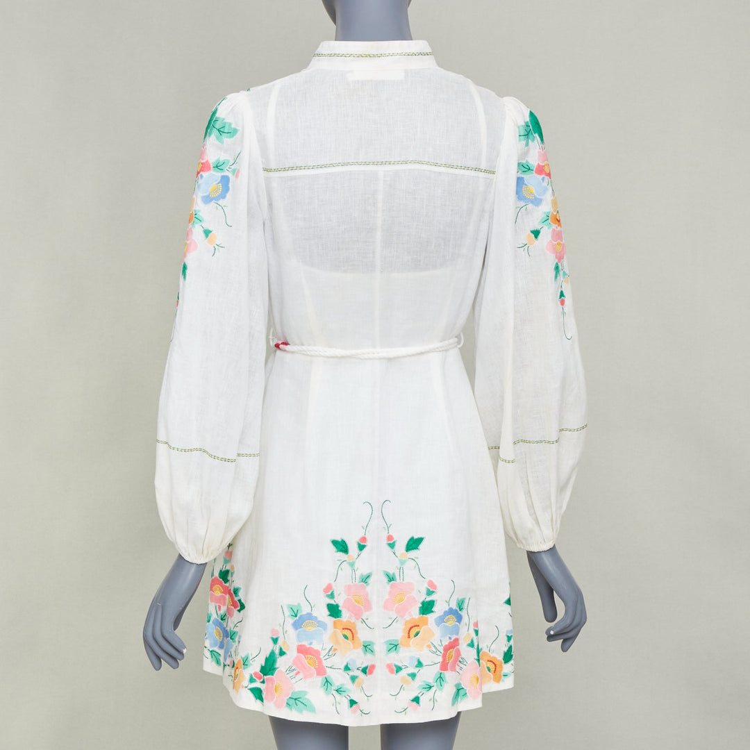 ZIMMERMANN 2021 Fiesta Applique multicolour floral white linen mini dress Sz1 S