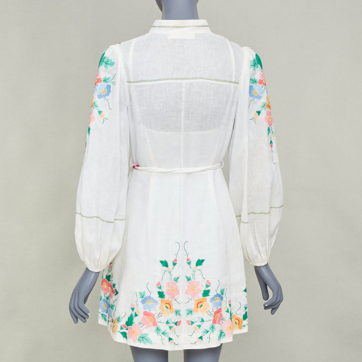 ZIMMERMANN 2021 Fiesta Applique multicolour floral white linen mini dress Sz1 S