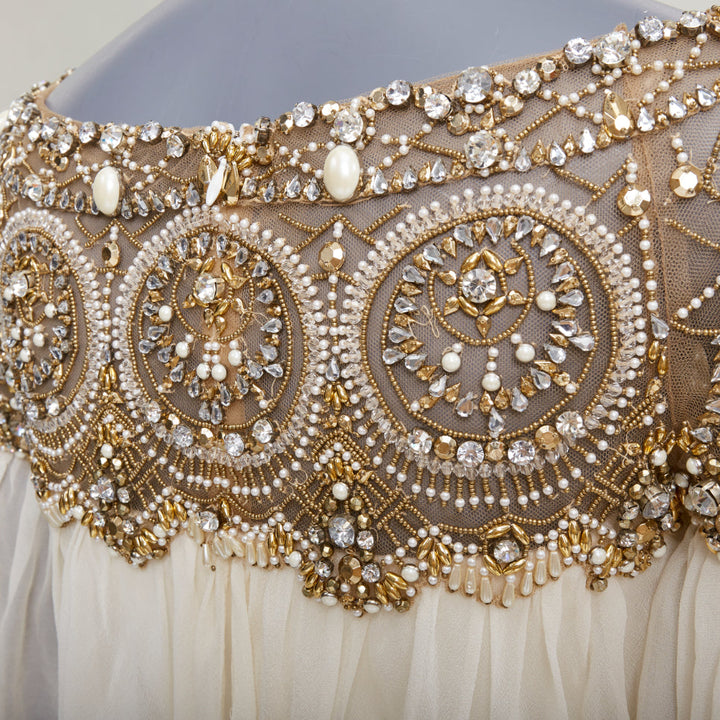 MARCHESA 2012 Runway ivory silk gold beads embellished off shoulder dress US4 S