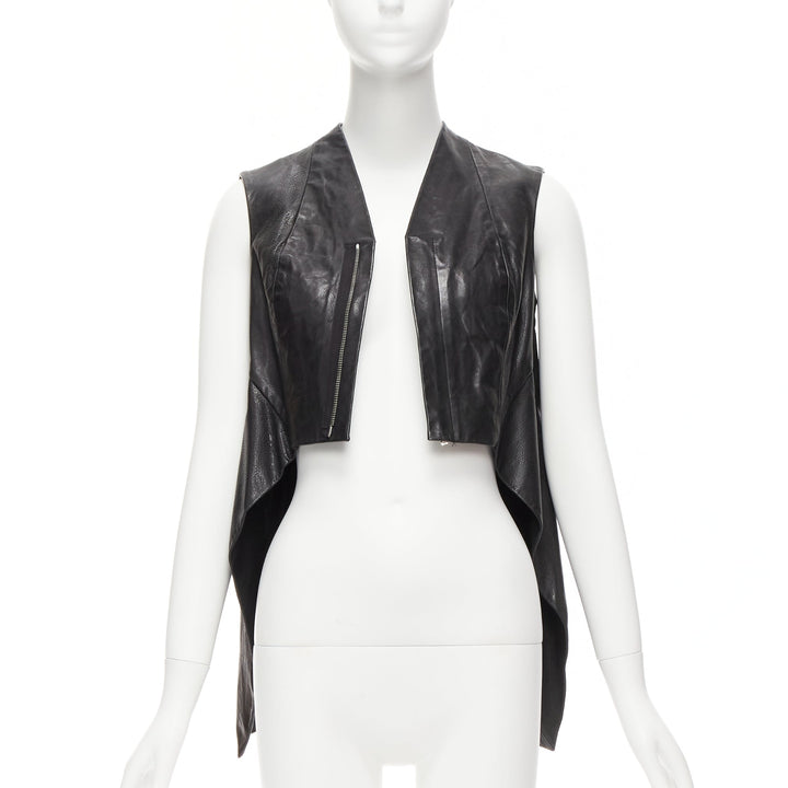 RICK OWENS Wedge black calf leather panelled high low boxy vest IT38 XS