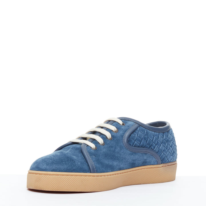 BOTTEGA VENETA blue suede intrecciato woven lace up sneakers EU39.5