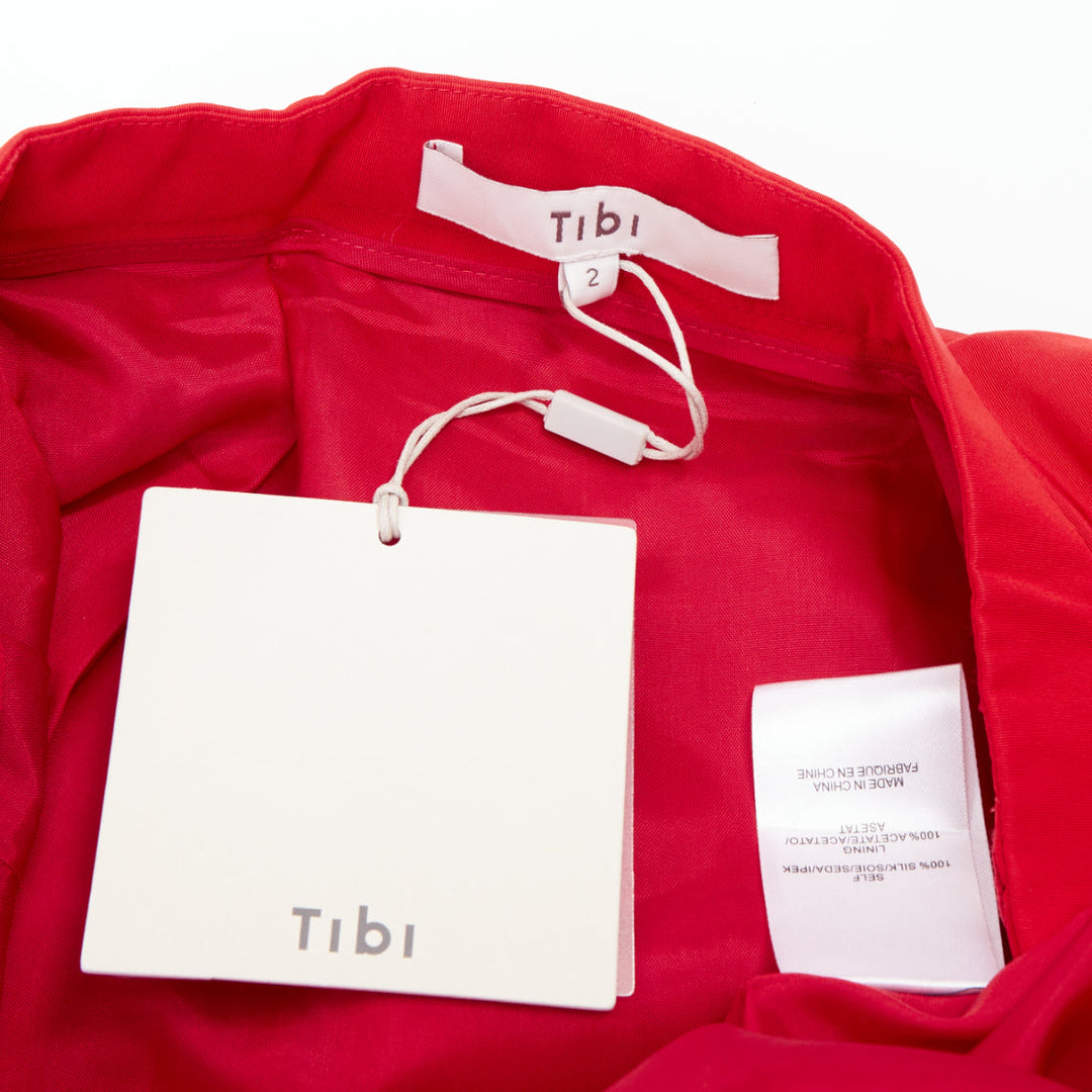 TIBI red 100% silk taffeta pleated high waist A-line flared midi skirt US 2 S