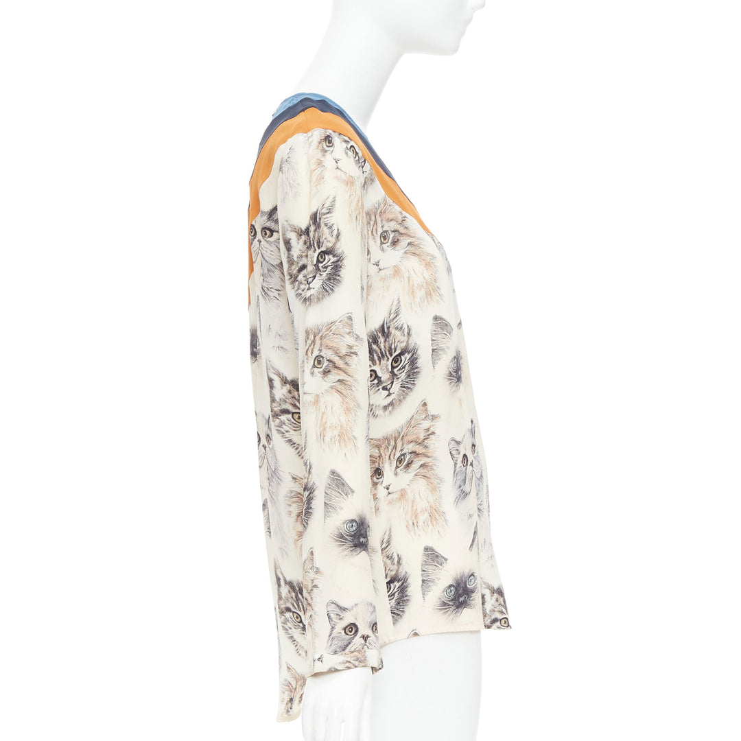 STELLA MCCARTNEY 2016 100% silk  beige orange cat print blouse IT38 XS