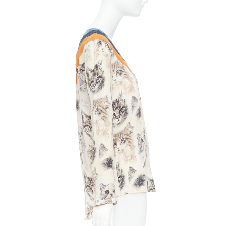 STELLA MCCARTNEY 2016 100% silk  beige orange cat print blouse IT38 XS