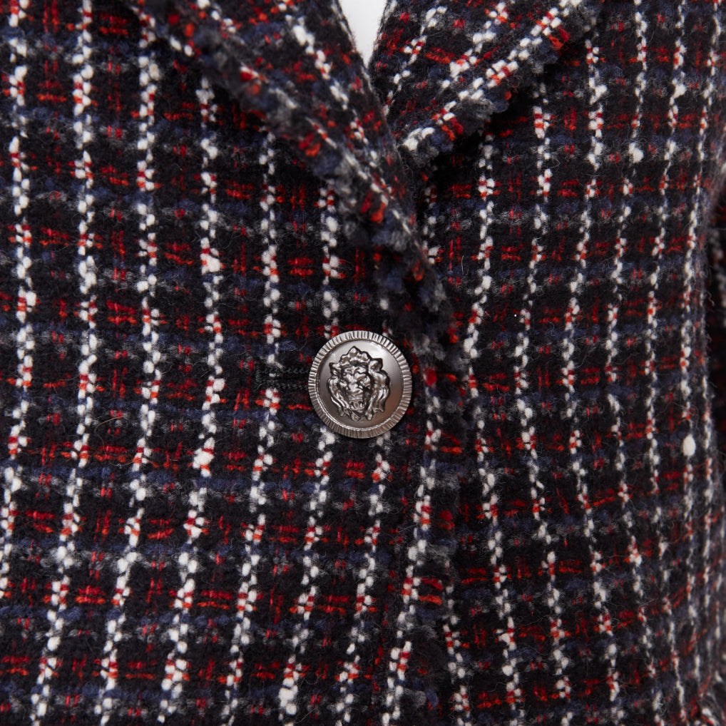 CHANEL 2008 burgundy navy check striped tweed cashmere wool fringe blazer FR42 L