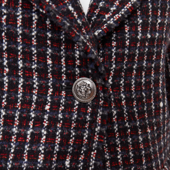 CHANEL 2008 burgundy navy check striped tweed cashmere wool fringe blazer FR42 L