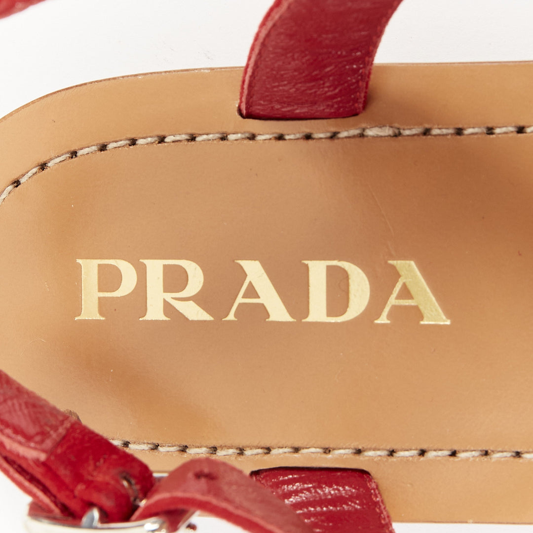 PRADA red suede leather wavy tstrap thong ankle buckle comfort flat sandals EU37