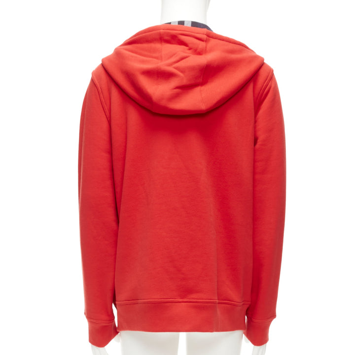 BURBERRY red cotton blend house check lined logo oversized hoodie XS