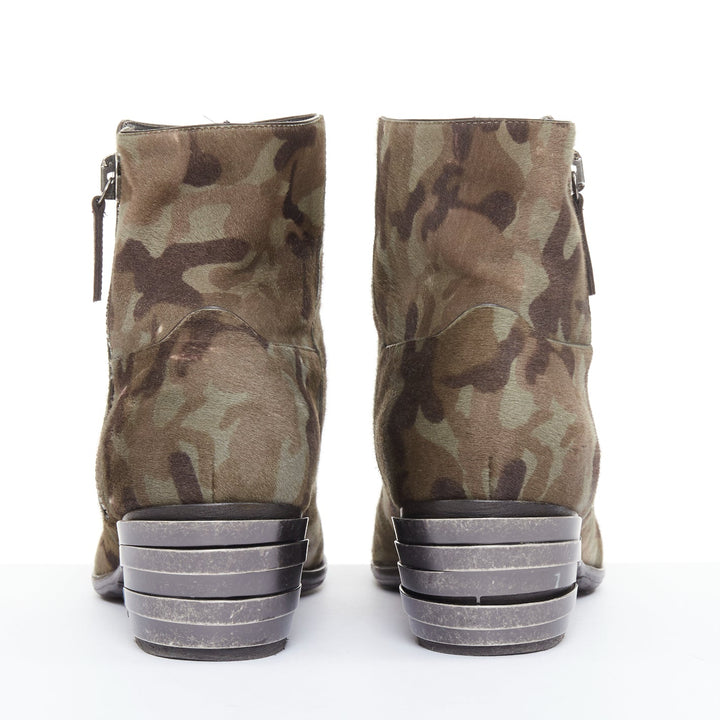 GIUSEPPE ZANOTTI navy green camouflage ponyhair metal tiered heel boots EU43