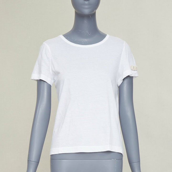 CHANEL 09P white cotton faux pearl ribbon CC logo short sleeve tshirt FR42 XL