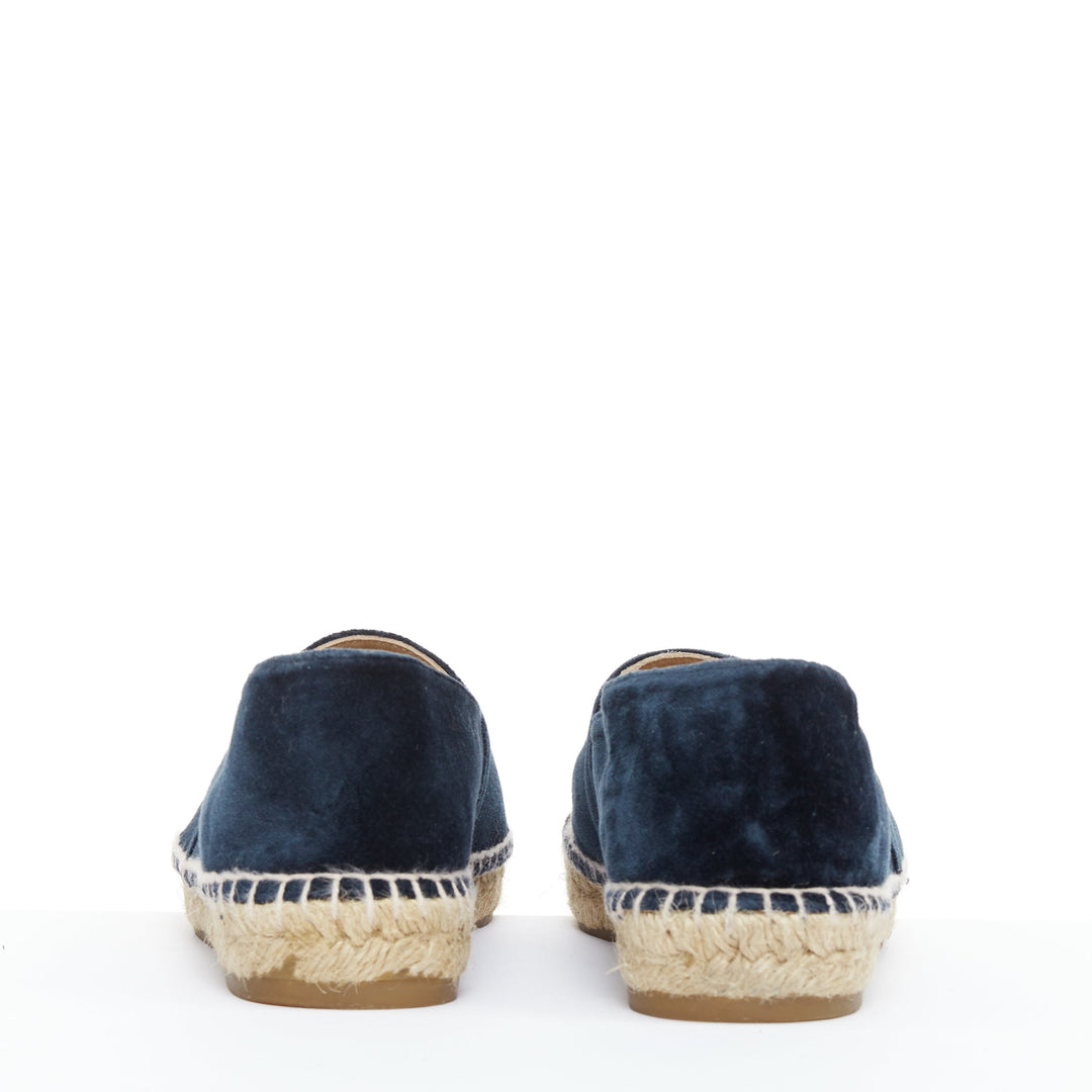 CHANEL navy velvet CC logo applique nude jute espadrille shoes EU37