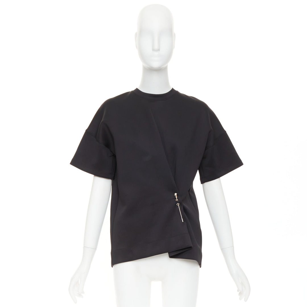BALENCIAGA 2015 Runway black neoprene pearl pin asymmetric draped boxy top S