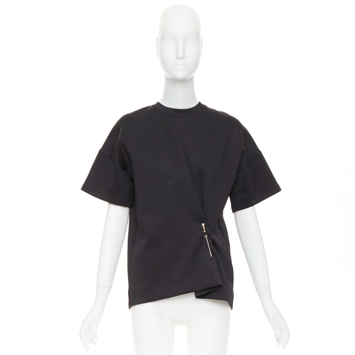 BALENCIAGA 2015 Runway black neoprene pearl pin asymmetric draped boxy top S