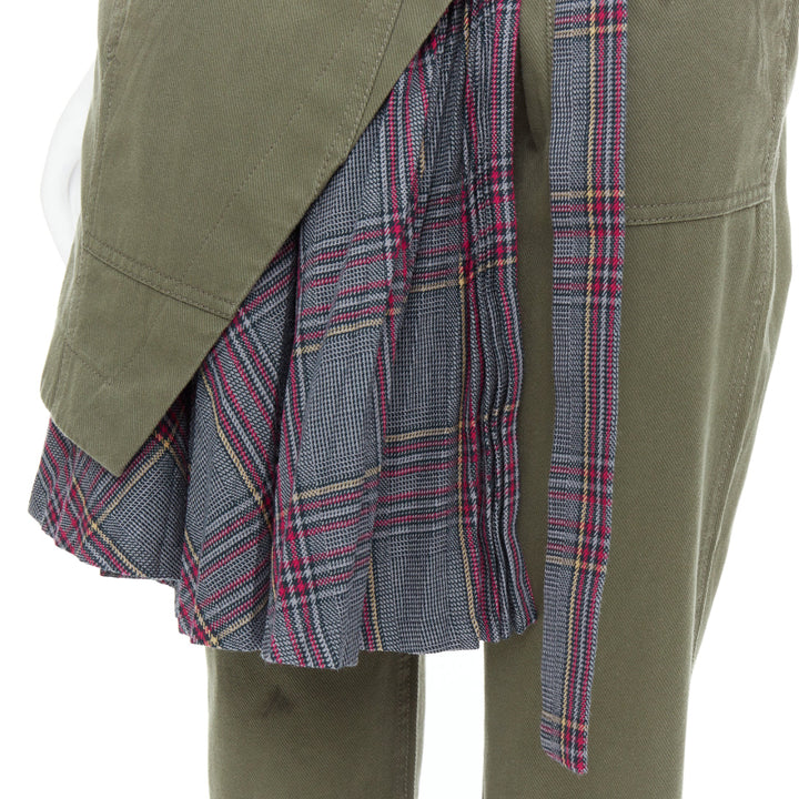 SACAI 2018 khaki cotton deconstructed check wool kilt pants JP2 M