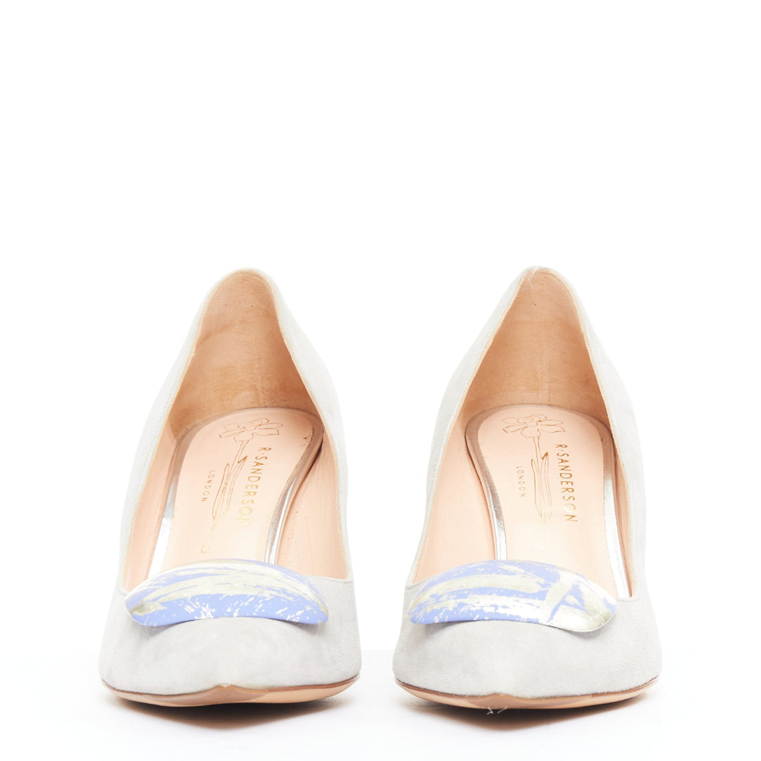 RUPERT SANDERSON New Nada grey suede purple Arty buckle pumps EU38