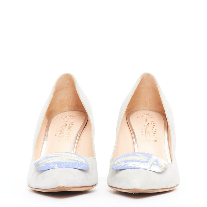 RUPERT SANDERSON New Nada grey suede purple Arty buckle pumps EU38