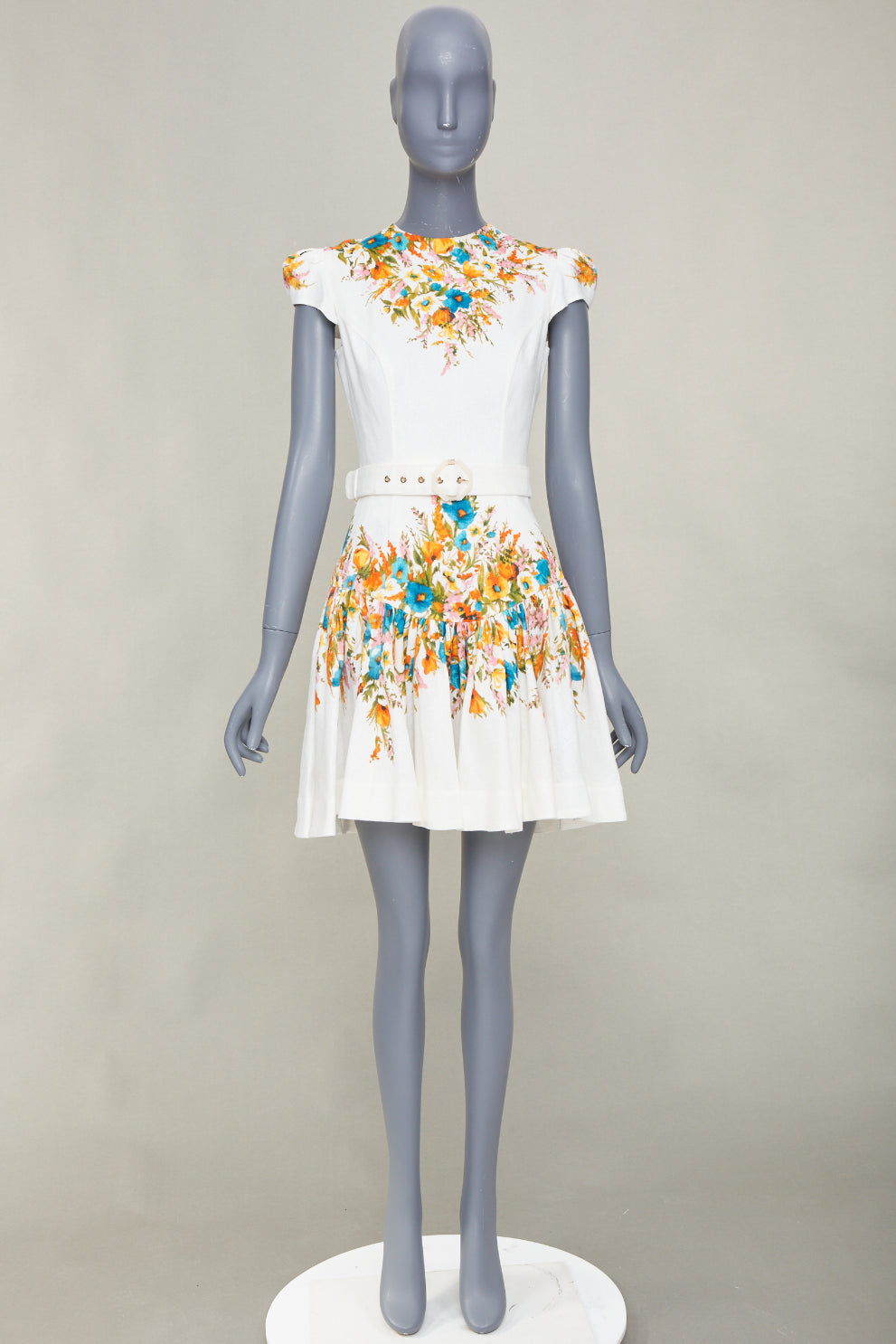 ZIMMERMANN Estelle white linen multicolor floral print belted mini dress Sz.1 XS