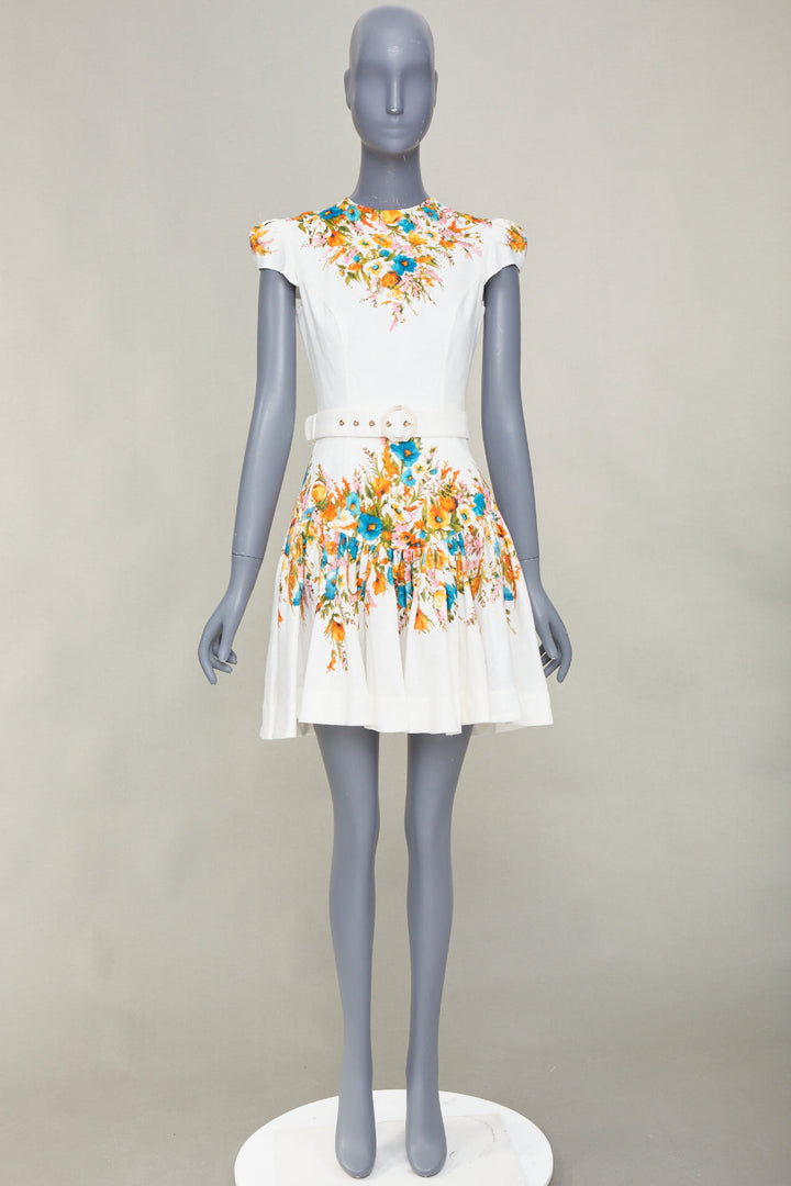 ZIMMERMANN Estelle white linen multicolor floral print belted mini dress Sz.1 XS
