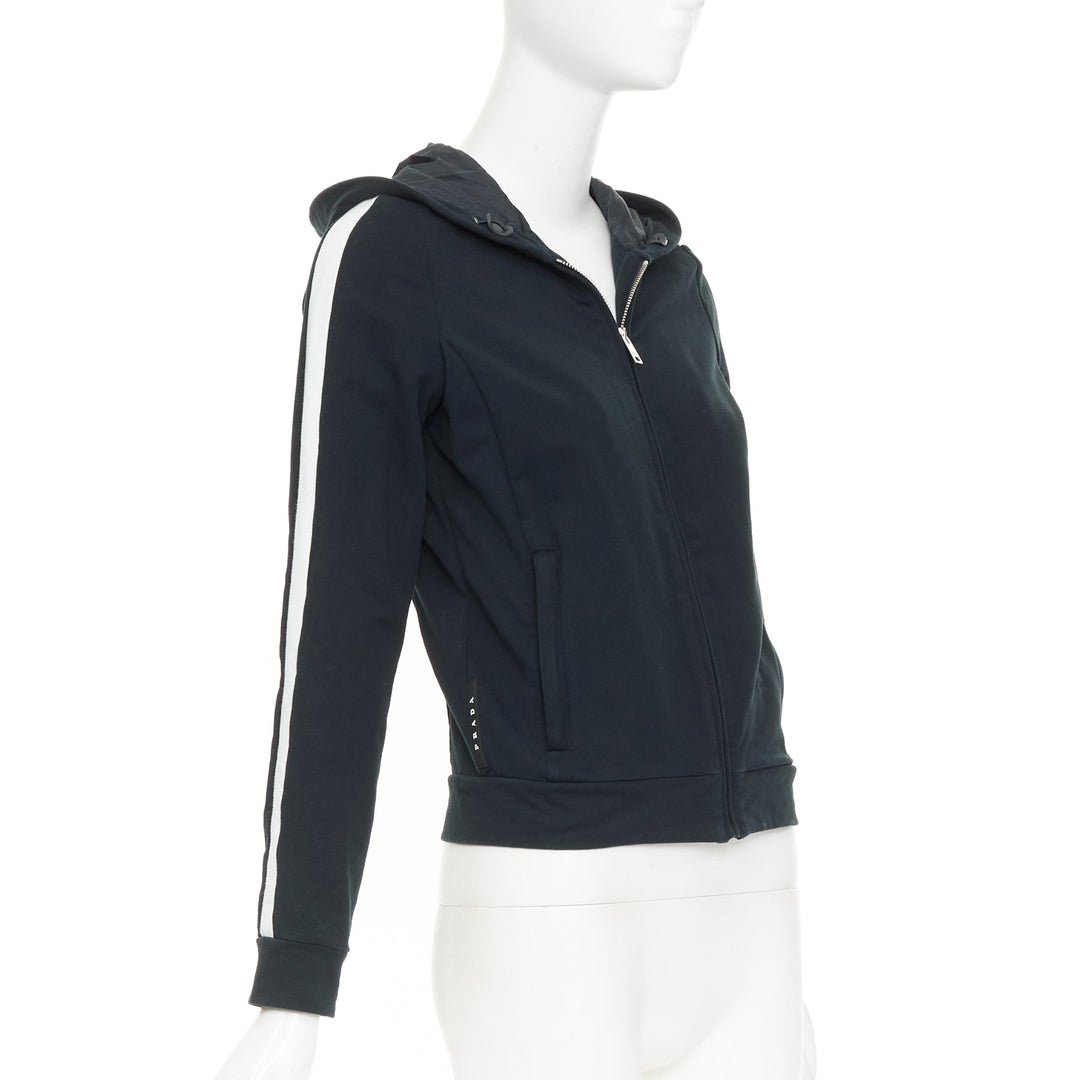 PRADA 2019 Linea Rossa navy white striped zip front logo side cropped hoodie M
