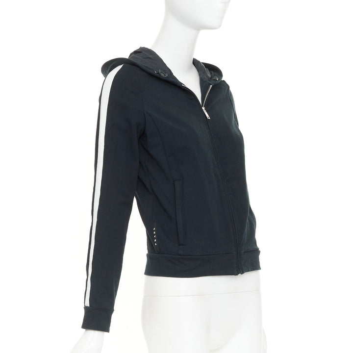 PRADA 2019 Linea Rossa navy white striped zip front logo side cropped hoodie M