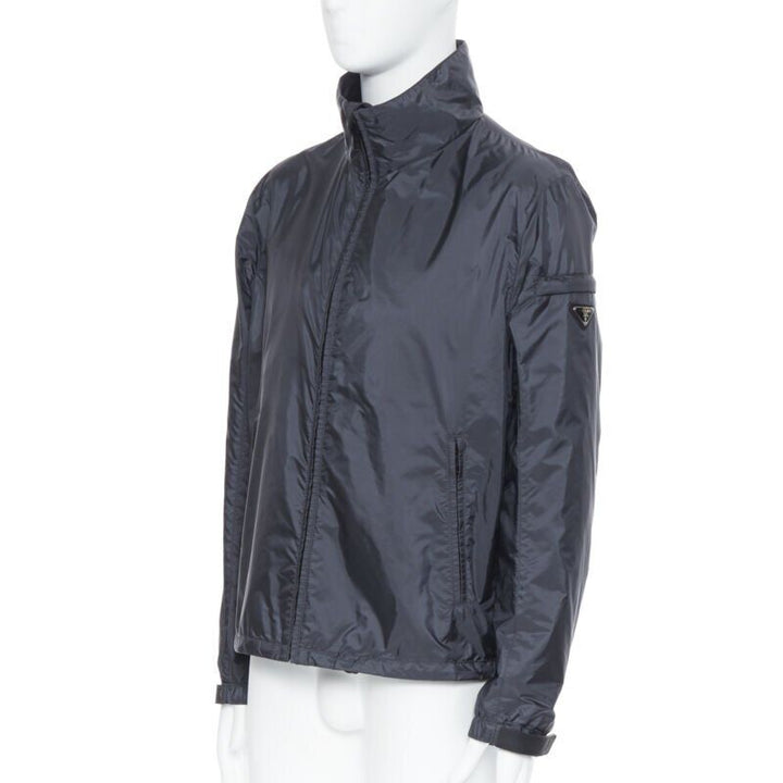 PRADA Nylon 2018 navy enamel triangle rubber logo cuff zip shell jacket IT54