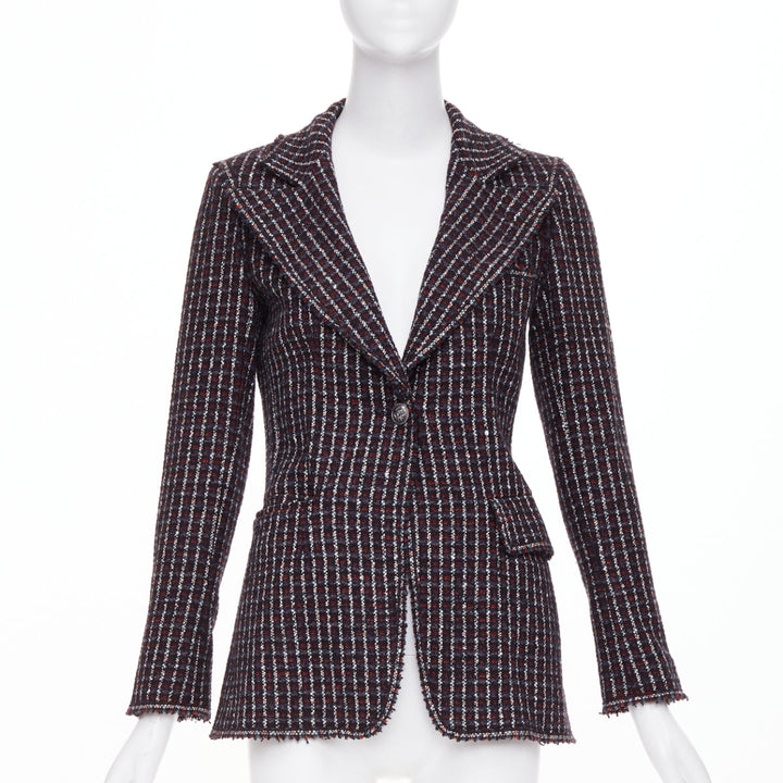 CHANEL 2008 burgundy navy check striped tweed cashmere wool fringe blazer FR42 L