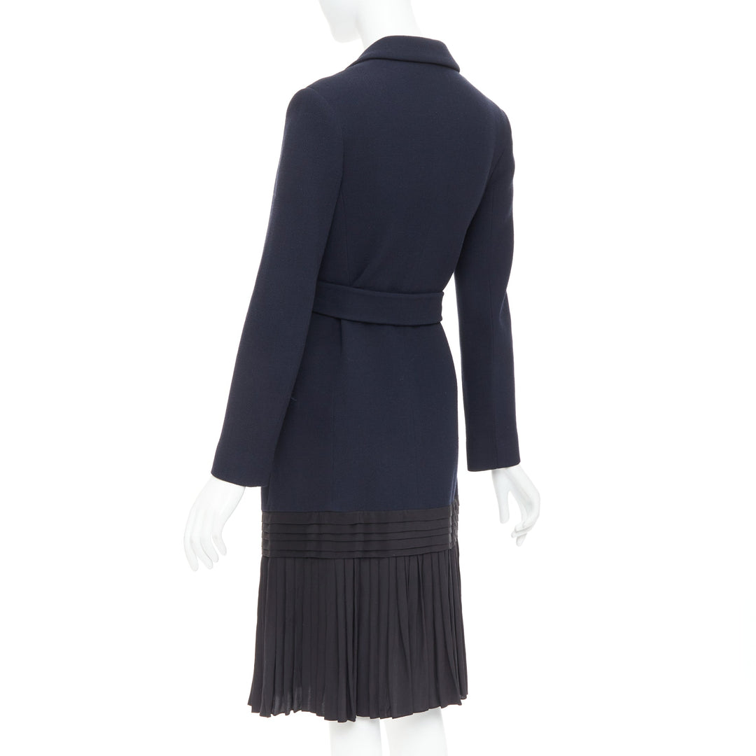 DIOR navy virgin wool silk lined pleated hem belted coat FR36 S