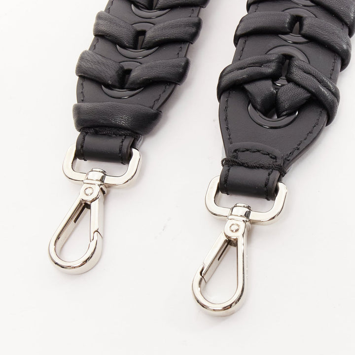 FENDI black woven leather silver hardware long bag strap 45mm