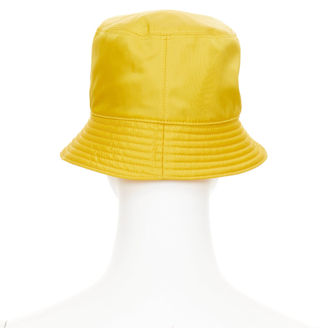 PRADA Re-Nylon mustard yellow silver logo plague topstitched bucket hat M