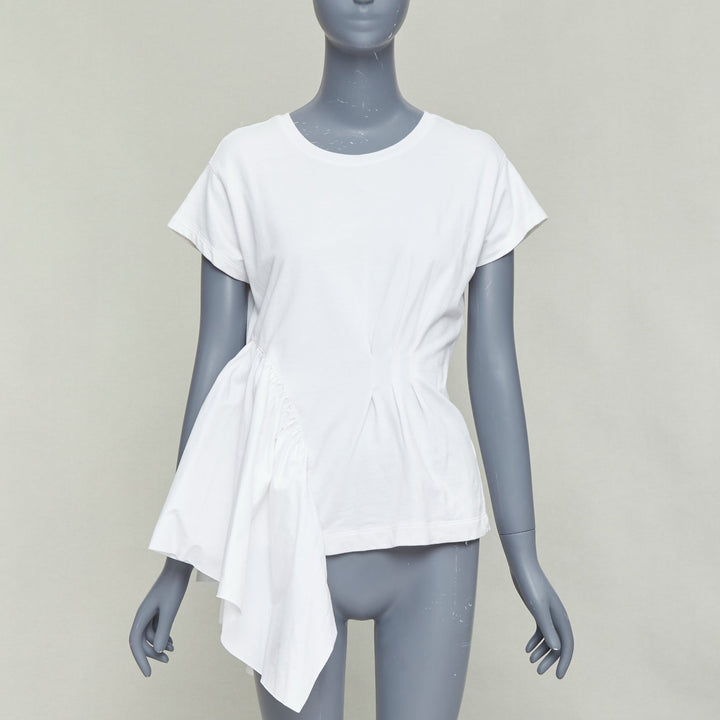 DRIES VAN NOTEN white cotton ruffle side ribbed neck fitted tshirt XS
