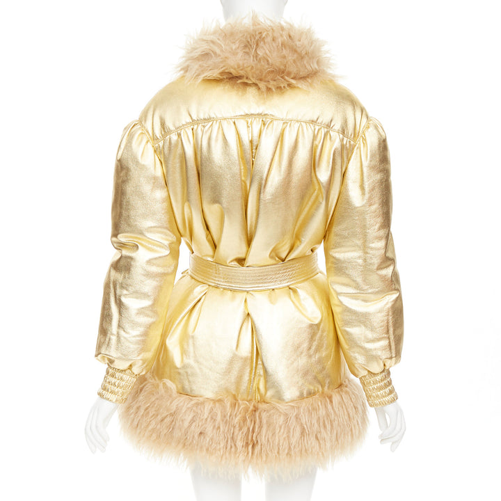 MIU MIU 2019 gold lambskin brown mohair shaggy fur collar robe coat IT36 XXS