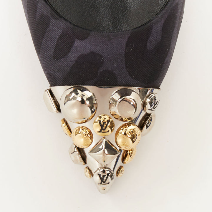 LOUIS VUITTON 2012 Bernice black blue leopard jacquard metal stud pumps EU35 US5