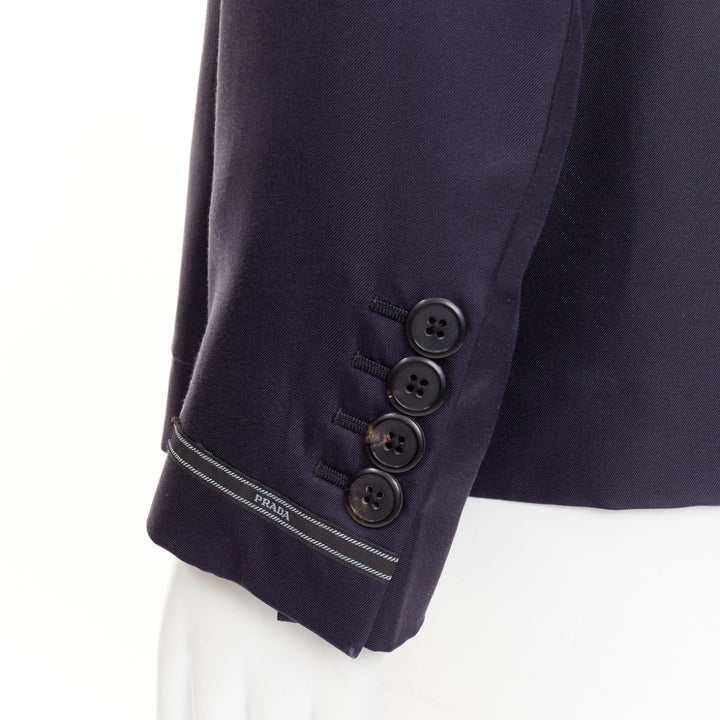 PRADA 2021 100% silk navy tonal triangle patch single breasted blazer IT48 M