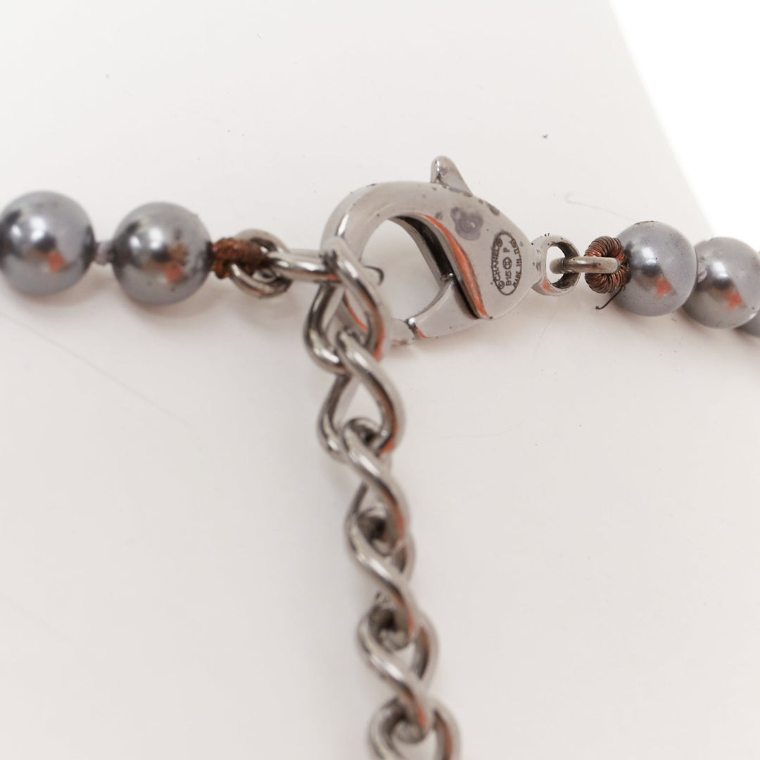 CHANEL B15P CC grey ruthenium metallic glass pearl long strand sautoir necklace