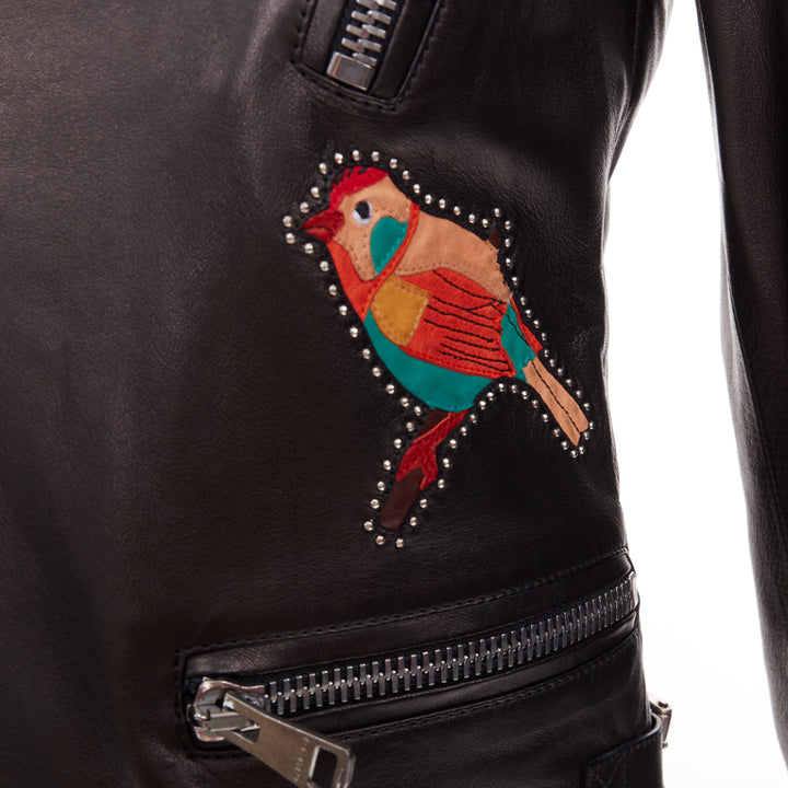 GUCCI Michele black leather bird butterfly applique studded biker jacket IT38 XS