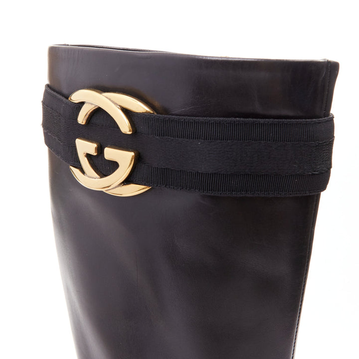 GUCCI GG Britt black leather gold GG web buckle high heel tall boots EU35.5